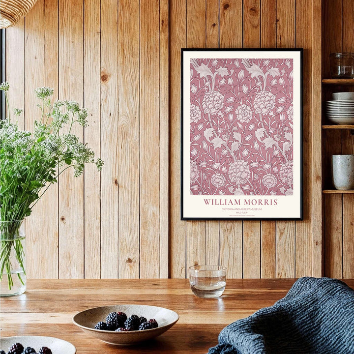 Vintage museum exhibition poster aesthetics with delicate dusty rose floral motifs of William Morris Wild Tulip shine in this wall decor print. MapYourDreams presents quality framed, unframed, and canvas options.