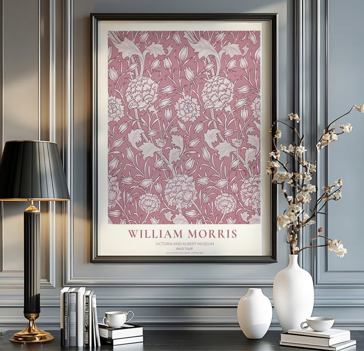 Detailed botanical pattern showing dusty rose William Morris Wild Tulip motifs from the Victoria and Albert Museum archives decorates this fine print. Order custom framed, unframed, and canvas poster options at MapYourDreams.