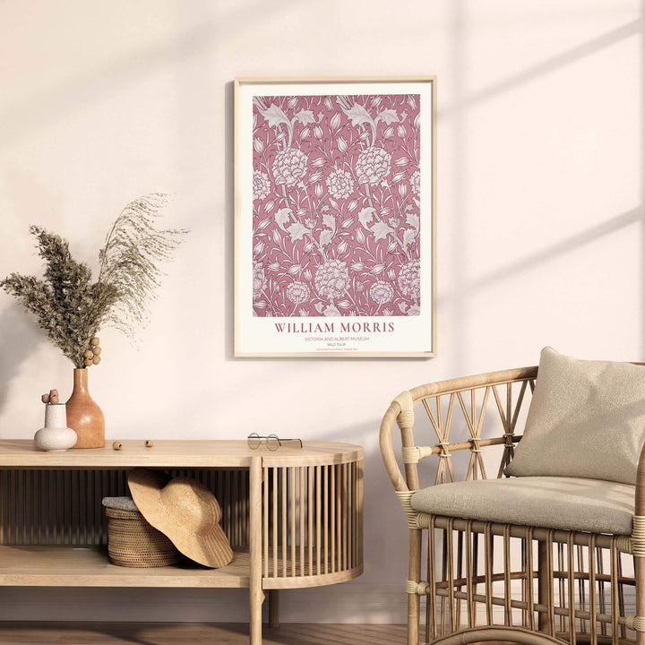 Famous Arts and Crafts movement textile patterns from the Victoria and Albert Museum in this dusty rose William Morris Wild Tulip print decorate walls. Buy high-definition framed, unframed, and canvas posters at MapYourDreams.