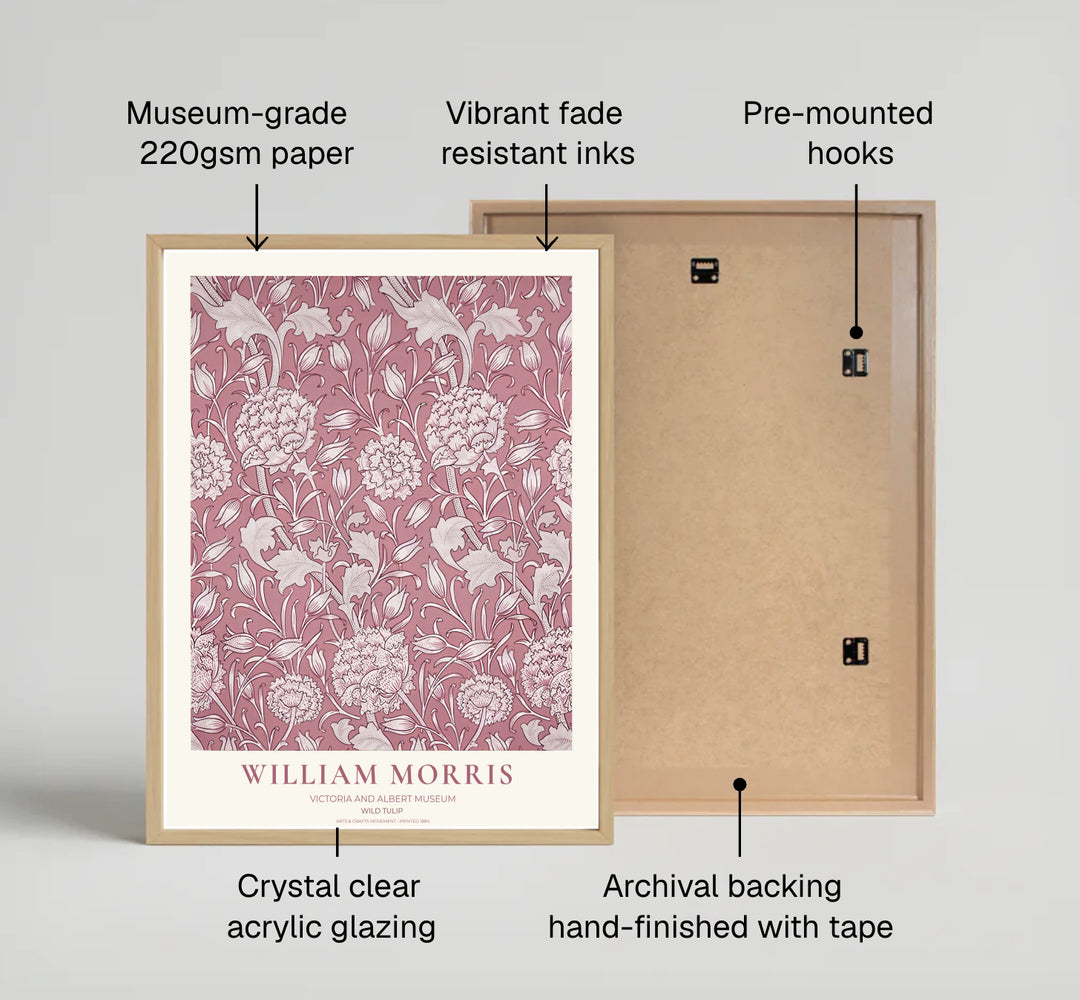Symmetrical Arts and Crafts movement pattern in this dusty rose William Morris Wild Tulip print brings historic Victoria and Albert Museum art home. MapYourDreams provides premium framed, unframed, and canvas wall art.