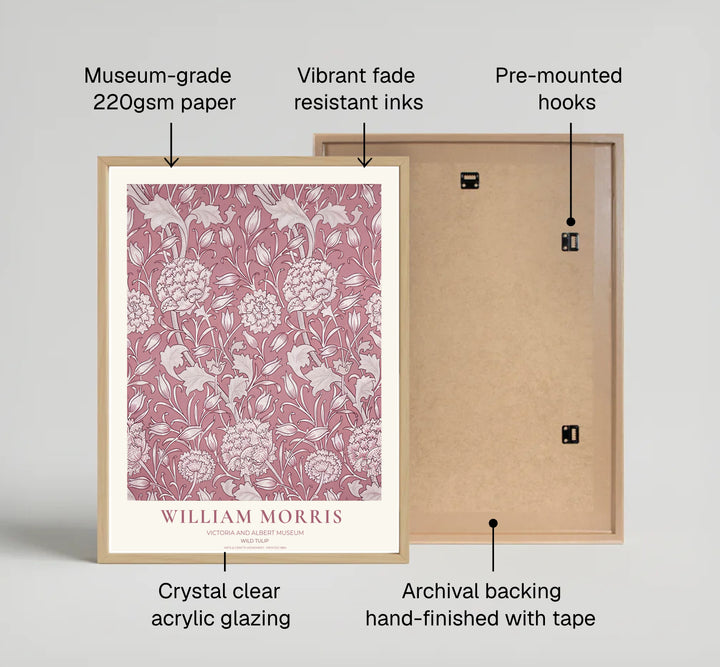 Symmetrical Arts and Crafts movement pattern in this dusty rose William Morris Wild Tulip print brings historic Victoria and Albert Museum art home. MapYourDreams provides premium framed, unframed, and canvas wall art.
