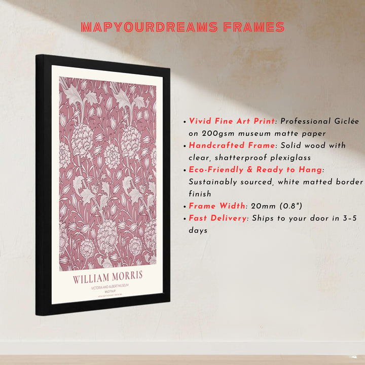 Classic Victorian interior design vibes and sweeping tulip symmetry define this dusty rose William Morris Wild Tulip poster print. MapYourDreams features framed, unframed, and canvas options for bedroom wall decor.