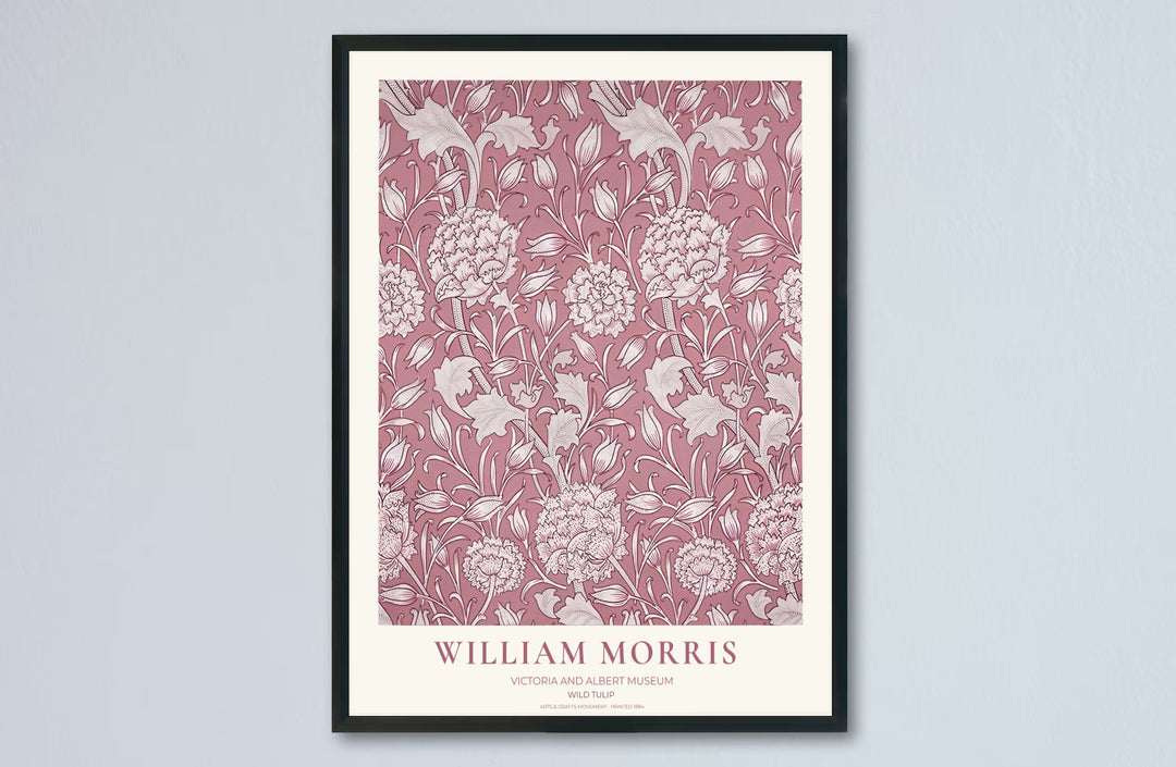 Soft pink contrast and delicate floral scrollwork based on William Morris Wild Tulip archives lend depth to this art print. Browse archival framed, unframed, and canvas options at MapYourDreams.