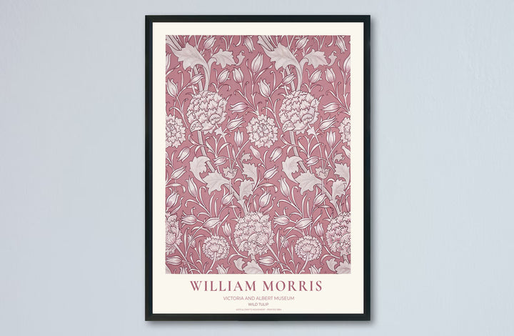 Soft pink contrast and delicate floral scrollwork based on William Morris Wild Tulip archives lend depth to this art print. Browse archival framed, unframed, and canvas options at MapYourDreams.