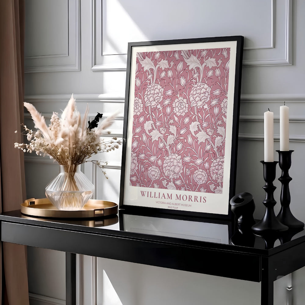 Intricate pink floral vines and tulip motifs fill this William Morris Wild Tulip print from the Victoria and Albert Museum in London. Select custom framed, unframed paper, or gallery canvas poster styles at MapYourDreams.