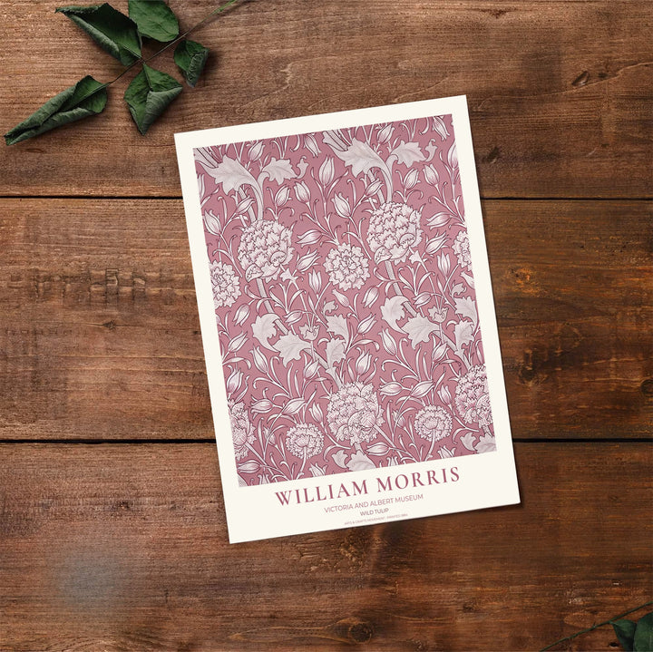 Antique vintage dusty rose pattern art featuring archival William Morris Wild Tulip motifs shines in this wall print. Order custom framed, unframed, and canvas options at MapYourDreams for an elegant accent.