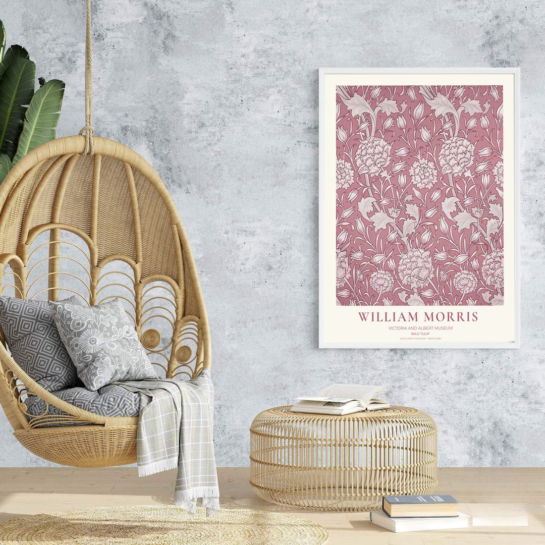 Cream floral line art and dusty rose backdrops in this William Morris Wild Tulip print highlight Victoria and Albert Museum heritage. Select custom framed, unframed, and gallery canvas decor at MapYourDreams.