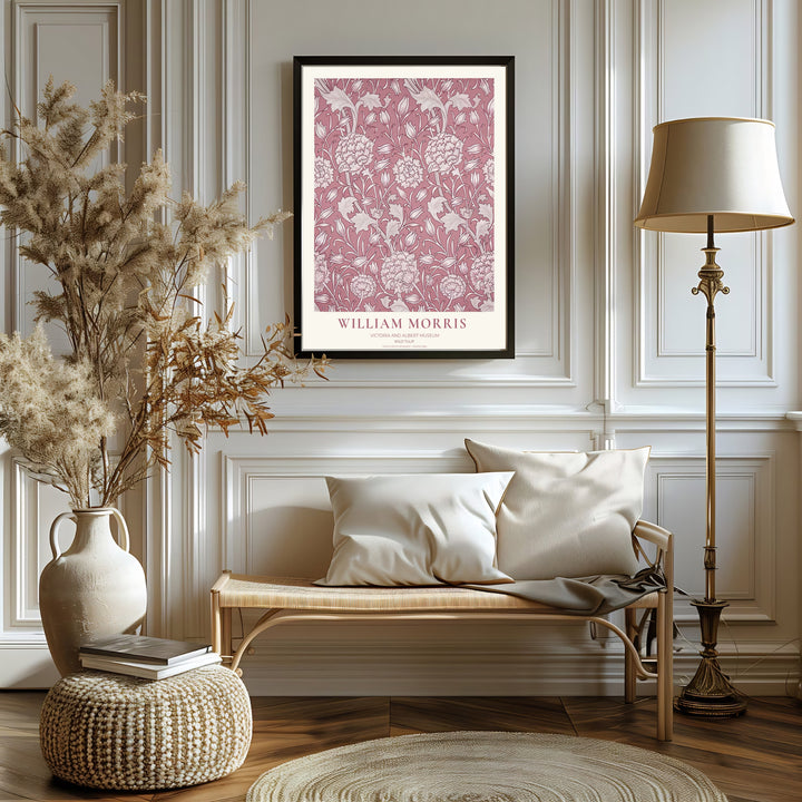 Rare 1884 textile pattern artwork showcasing William Morris Wild Tulip brings authentic Victoria and Albert Museum flair to walls. MapYourDreams produces high-grade unframed, stretched canvas, and framed prints.