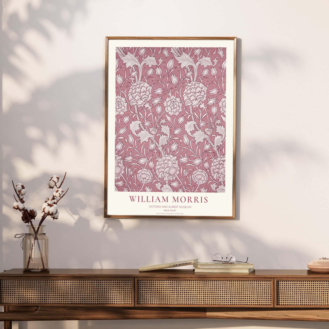 Archival British floral illustration featuring William Morris Wild Tulip from the Victoria and Albert Museum creates a striking focal point. Discover archival unframed, gallery canvas, and framed wall art at MapYourDreams.