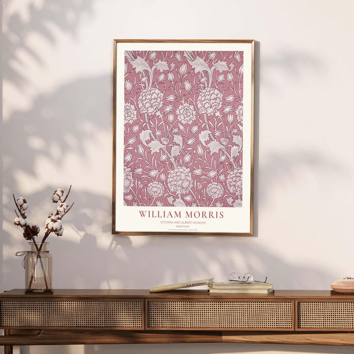 Archival British floral illustration featuring William Morris Wild Tulip from the Victoria and Albert Museum creates a striking focal point. Discover archival unframed, gallery canvas, and framed wall art at MapYourDreams.