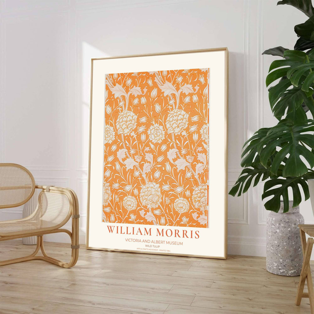 Detailed William Morris Wild Tulip vintage exhibition art print with elegant typography referencing the Victoria and Albert Museum. MapYourDreams supplies framed, unframed, and canvas poster formats.