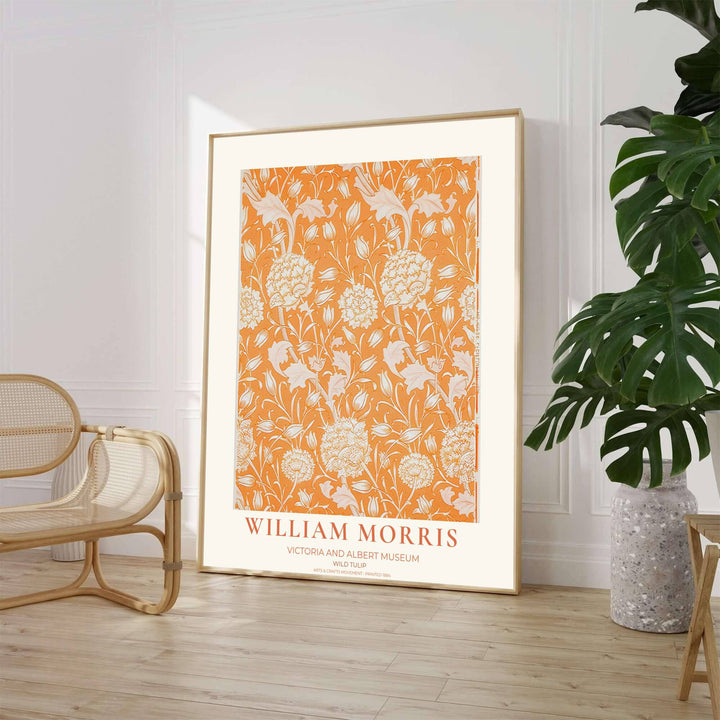 Detailed William Morris Wild Tulip vintage exhibition art print with elegant typography referencing the Victoria and Albert Museum. MapYourDreams supplies framed, unframed, and canvas poster formats.