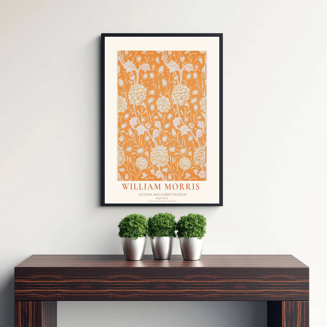 Warm orange floral tapestry wall art in a William Morris Wild Tulip exhibition print style. MapYourDreams delivers archival framed, unframed fine art paper, and gallery canvas options for bedroom decor.