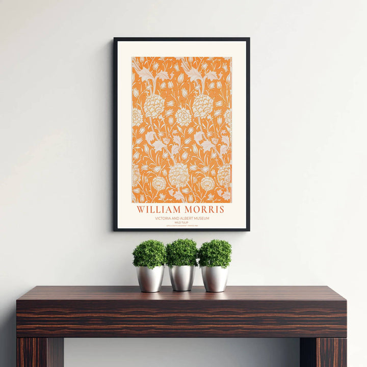 Warm orange floral tapestry wall art in a William Morris Wild Tulip exhibition print style. MapYourDreams delivers archival framed, unframed fine art paper, and gallery canvas options for bedroom decor.