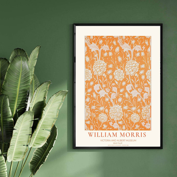 Beautiful botanical pattern print showcasing the William Morris Wild Tulip pattern in orange, inspired by the Victoria and Albert Museum. Shop high-definition framed, unframed, and canvas art at MapYourDreams.