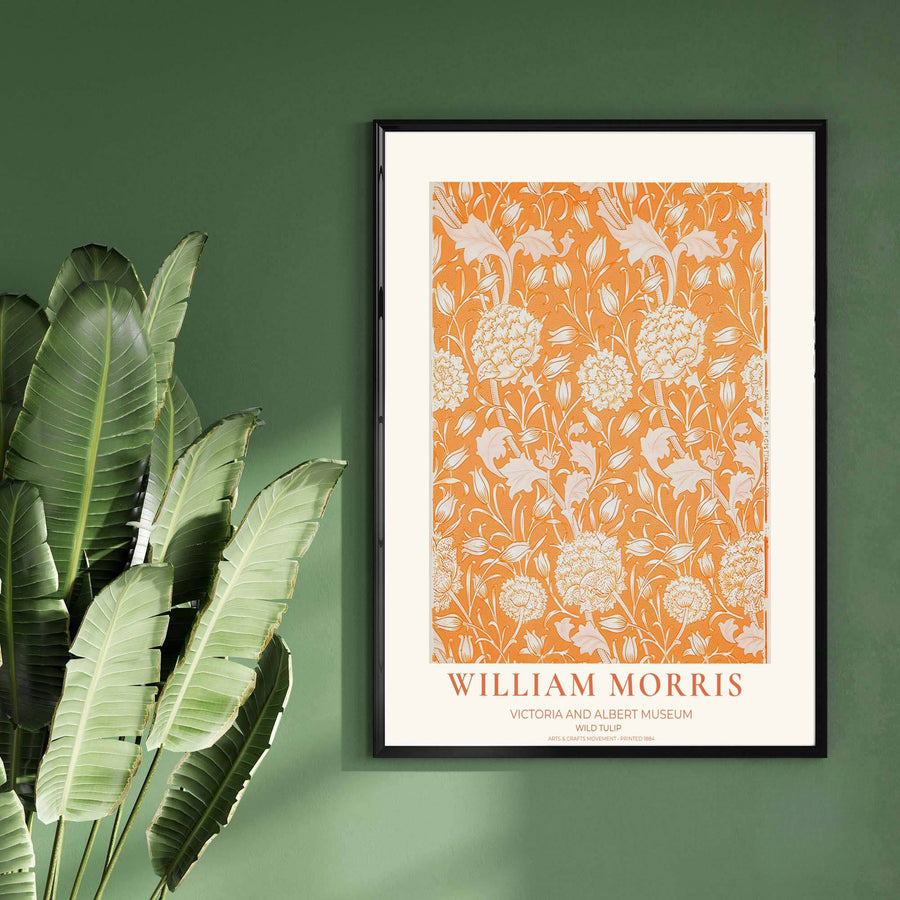 Beautiful botanical pattern print showcasing the William Morris Wild Tulip pattern in orange, inspired by the Victoria and Albert Museum. Shop high-definition framed, unframed, and canvas art at MapYourDreams.