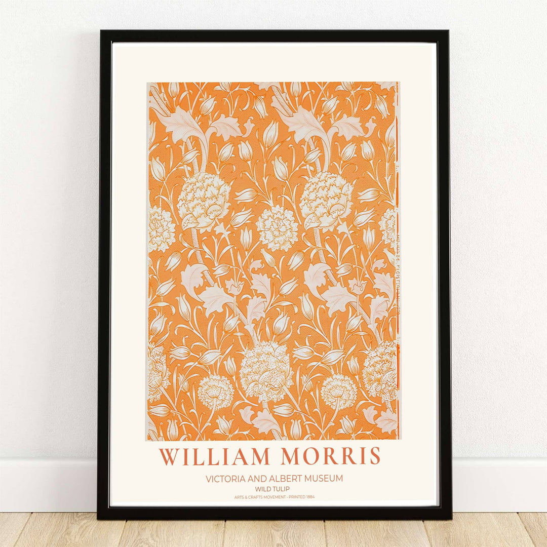 William Morris Wild Tulip Exhibition Poster displaying terracotta orange botanical patterns inspired by the Victoria and Albert Museum. MapYourDreams provides custom framed, unframed, and canvas wall decor.