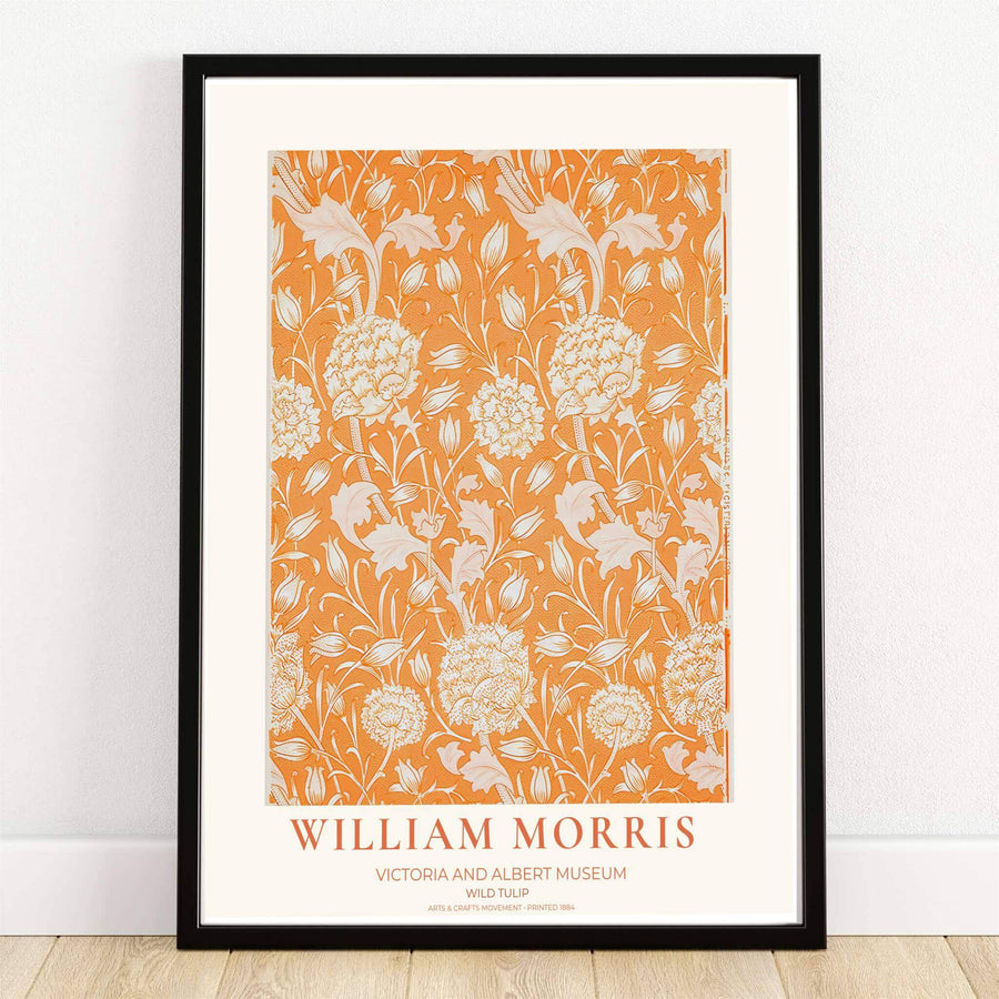 William Morris Wild Tulip Exhibition Poster displaying terracotta orange botanical patterns inspired by the Victoria and Albert Museum. MapYourDreams provides custom framed, unframed, and canvas wall decor.