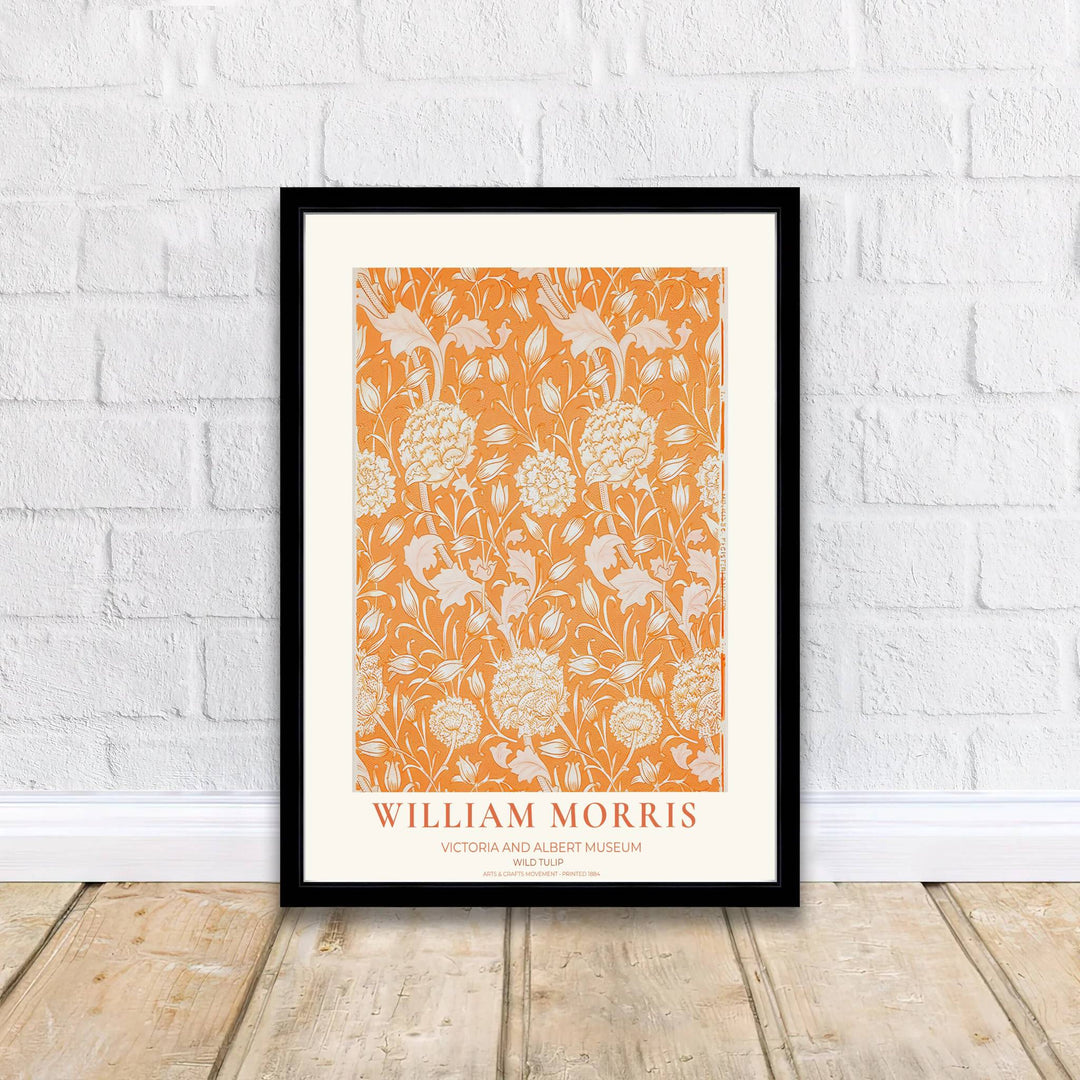 Elegant Victoria and Albert Museum exhibition poster of William Morris Wild Tulip floral pattern design. Order custom framed, unframed paper, or textured canvas print options from MapYourDreams for home decor.