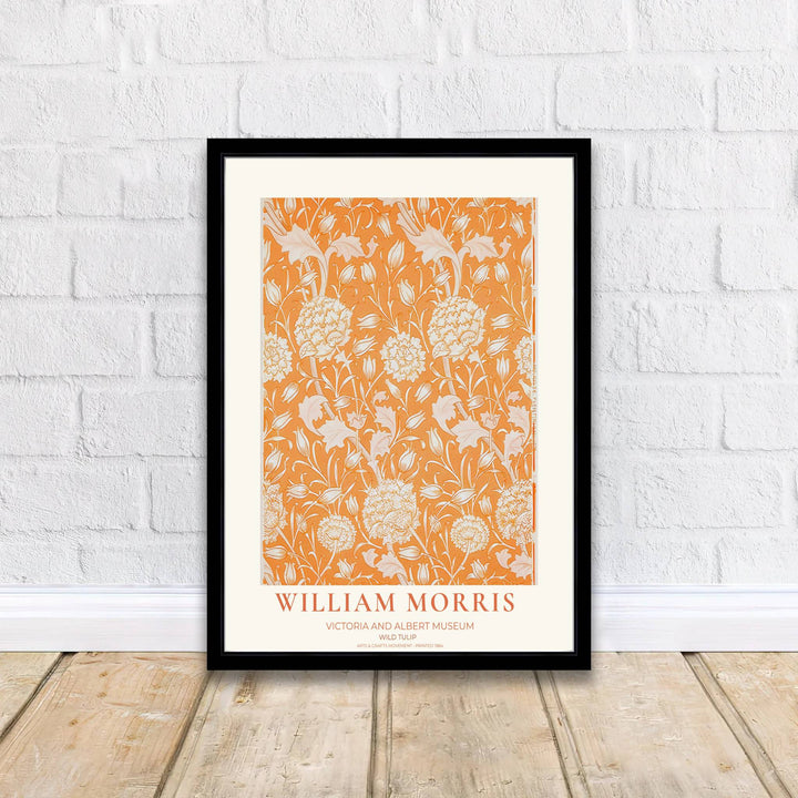 Elegant Victoria and Albert Museum exhibition poster of William Morris Wild Tulip floral pattern design. Order custom framed, unframed paper, or textured canvas print options from MapYourDreams for home decor.