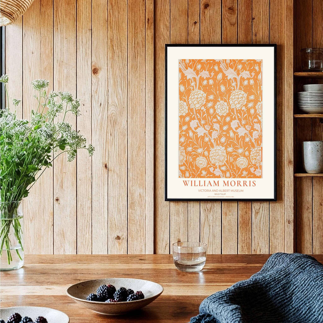 Ornate acanthus leaf and wild tulip flower print in a classic William Morris Victoria and Albert Museum layout. MapYourDreams provides premium framed, unframed, and stretched canvas options for interior styling.