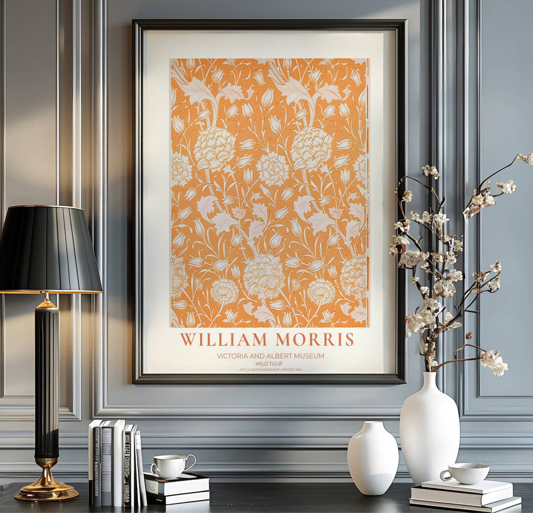 Vintage floral wallpaper art style in this William Morris Wild Tulip exhibition poster print. Explore ready-to-hang framed, unframed paper, and gallery canvas wall decor options at MapYourDreams.