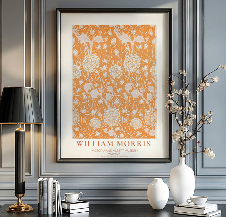 Vintage floral wallpaper art style in this William Morris Wild Tulip exhibition poster print. Explore ready-to-hang framed, unframed paper, and gallery canvas wall decor options at MapYourDreams.