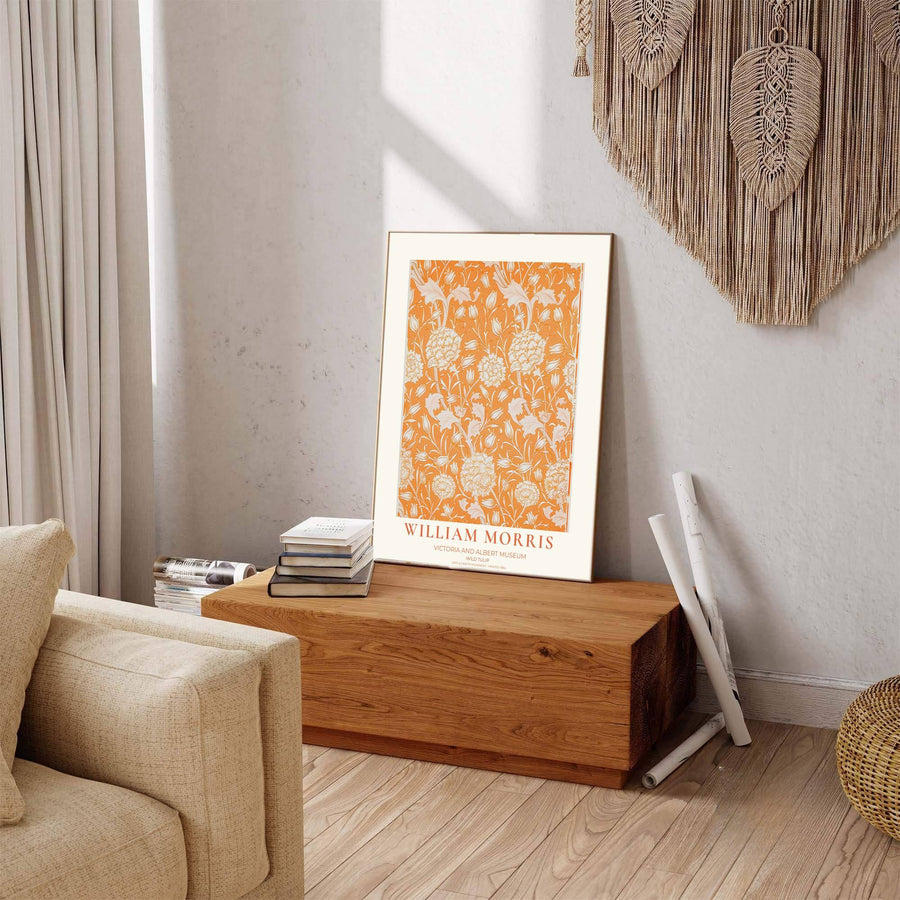 Rich orange botanical canvas print showcasing the William Morris Wild Tulip Victoria and Albert Museum pattern. Buy high-definition framed, unframed, and canvas posters directly from MapYourDreams.