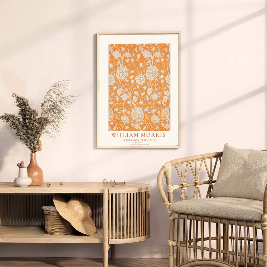 Arts and Crafts Movement floral poster featuring William Morris Wild Tulip artwork from the Victoria and Albert Museum. MapYourDreams presents quality framed, unframed, and canvas options for home decor.