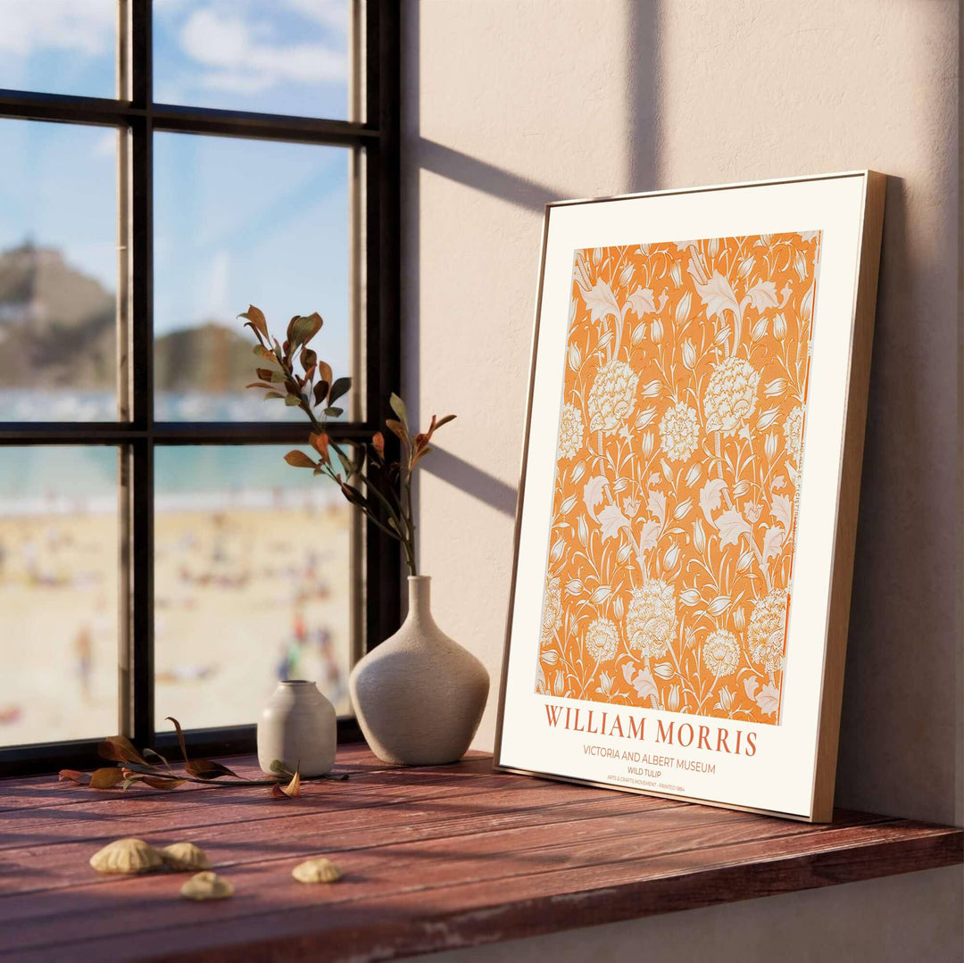 Terracotta orange and cream William Morris Wild Tulip museum exhibition print for living room wall decor. Choose between custom framed, unframed paper poster, or gallery canvas options at MapYourDreams.