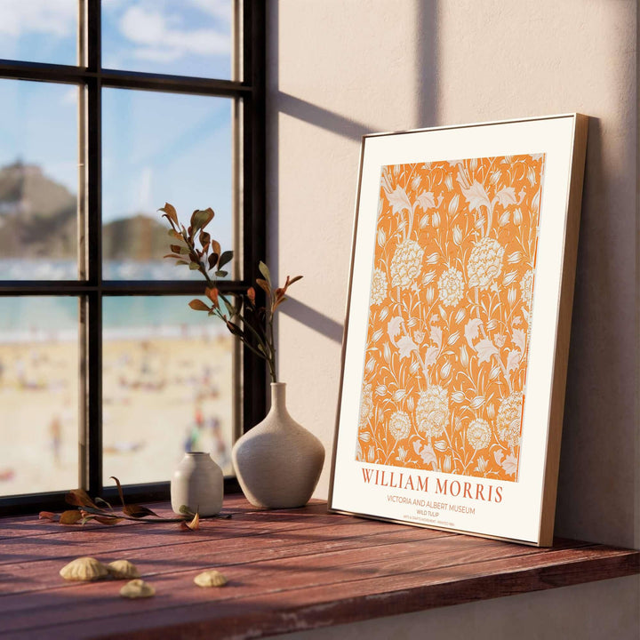 Terracotta orange and cream William Morris Wild Tulip museum exhibition print for living room wall decor. Choose between custom framed, unframed paper poster, or gallery canvas options at MapYourDreams.