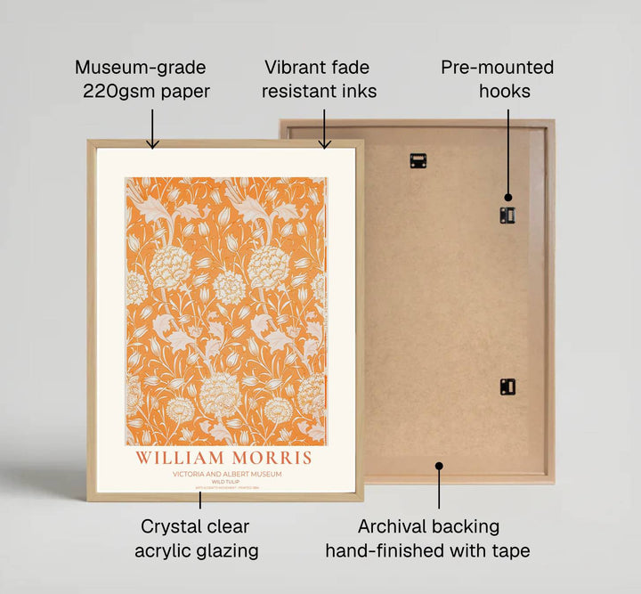 Intricate William Morris Wild Tulip botanical poster print highlighting 1884 Victorian floral artwork from the Victoria and Albert Museum. MapYourDreams offers fine art framed, unframed, and canvas options.
