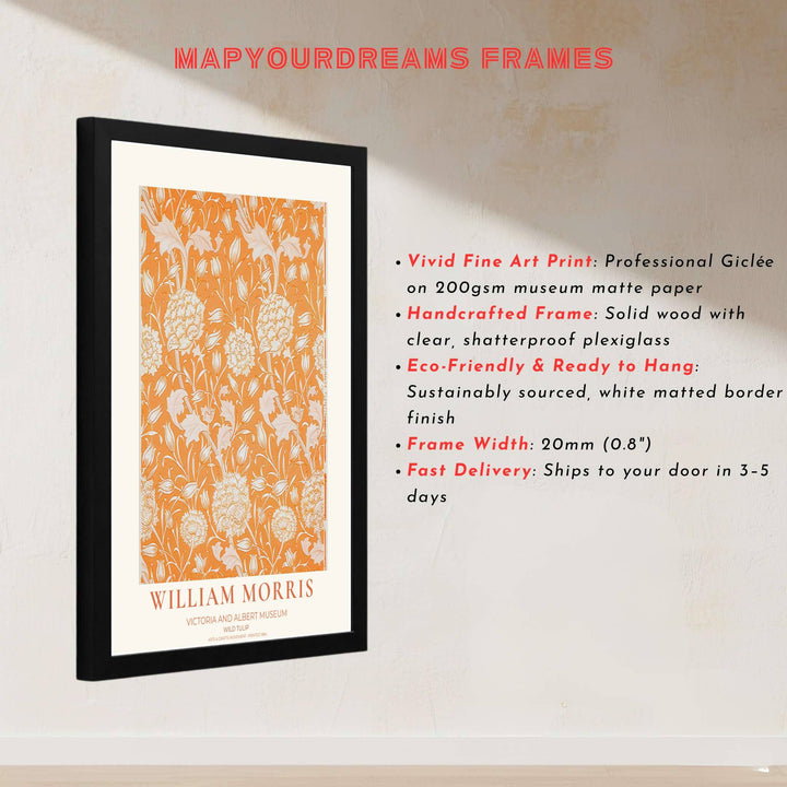 Elegant Victoria and Albert Museum vintage exhibition poster featuring William Morris Wild Tulip floral artwork in orange. MapYourDreams features framed, unframed, and canvas options for dining room decor.