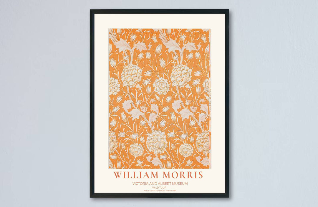 Warm terracotta orange botanical wall art featuring the William Morris Wild Tulip pattern from 1884. Browse archival framed, unframed, and canvas poster options at MapYourDreams for your home.