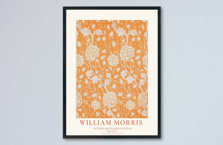 Warm terracotta orange botanical wall art featuring the William Morris Wild Tulip pattern from 1884. Browse archival framed, unframed, and canvas poster options at MapYourDreams for your home.