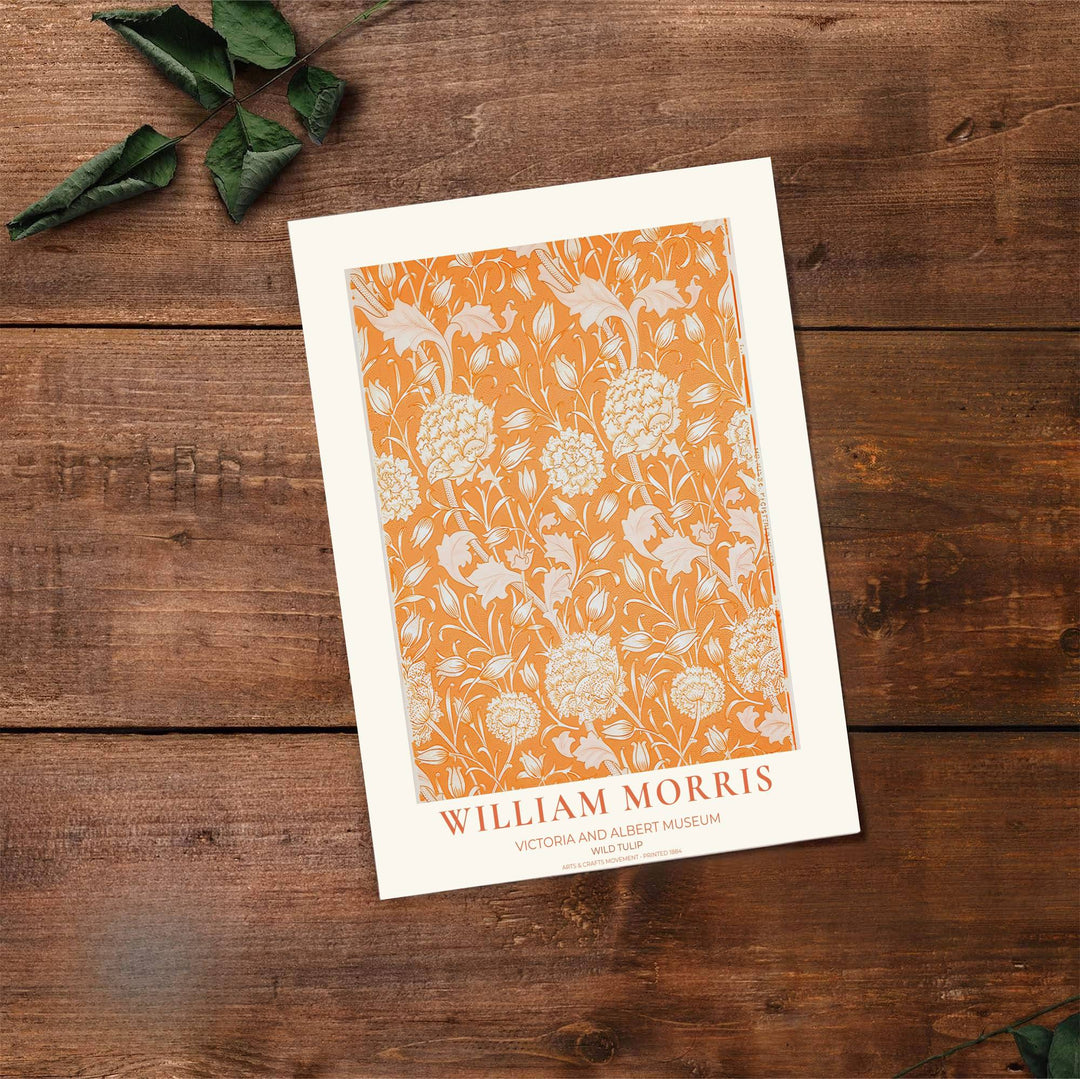High-definition Victoria and Albert Museum print of William Morris Wild Tulip orange floral artwork. Order custom framed, unframed, and canvas options at MapYourDreams for an elegant vintage accent.