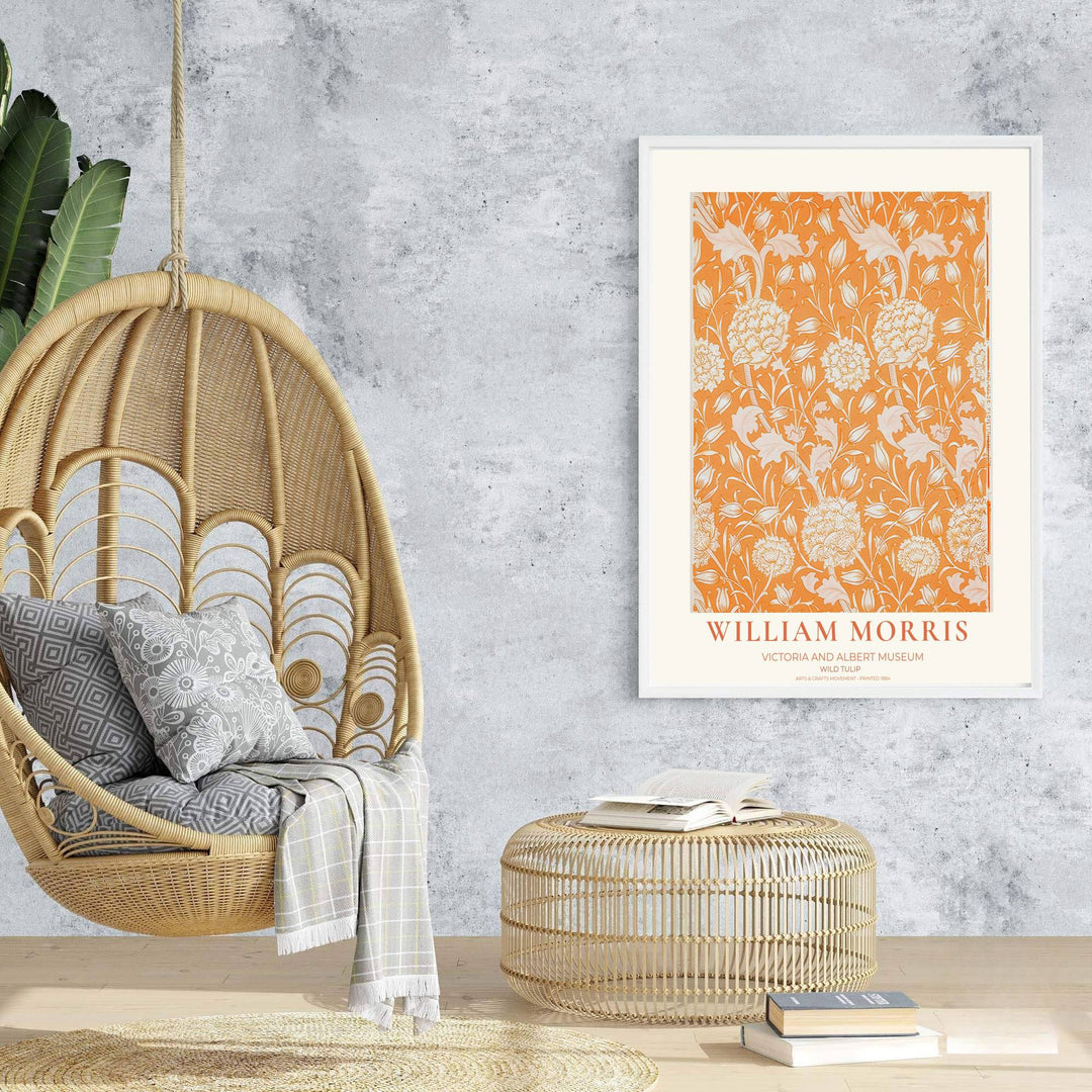 High-resolution William Morris Wild Tulip Exhibition Poster displaying detailed terracotta orange and cream floral motifs from the Victoria and Albert Museum. MapYourDreams provides custom framed, unframed, and canvas options for home wall decor.