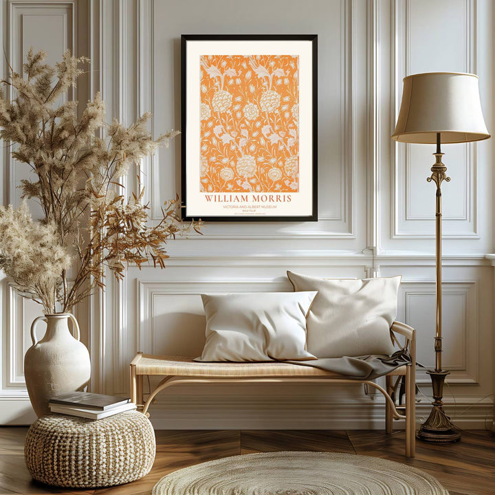 Iconic Victorian botanical illustration in a William Morris Wild Tulip poster style referencing London’s Victoria and Albert Museum archive collection. Discover tailored unframed paper prints, stretched canvas, and framed wall art choices at MapYourDreams.