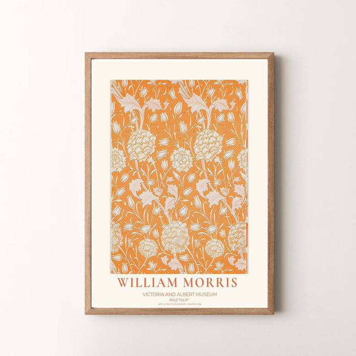 Antique British pattern design showing the William Morris Wild Tulip motif, curated from the Victoria and Albert Museum archives. MapYourDreams supplies high-definition unframed prints, gallery canvas, and framed wall art for bedroom styling.