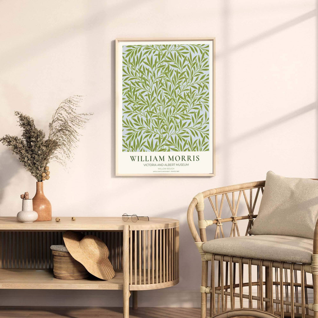 Soothing green leaf wall decor print in a William Morris Willow Bough museum style from the Victoria and Albert Museum in London. MapYourDreams offers high-grade unframed, custom framed, and canvas print options.