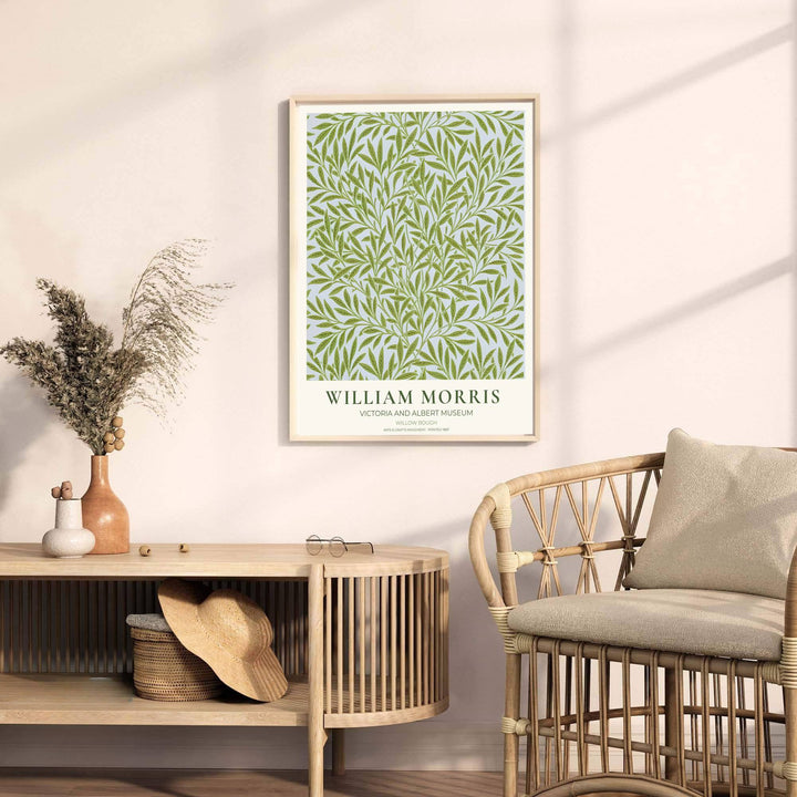 Soothing green leaf wall decor print in a William Morris Willow Bough museum style from the Victoria and Albert Museum in London. MapYourDreams offers high-grade unframed, custom framed, and canvas print options.