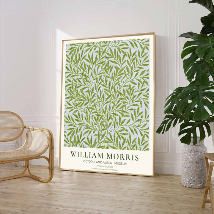 Elegant William Morris Willow Bough exhibition print with typography citing the Victoria and Albert Museum in London. MapYourDreams supplies framed, unframed, and canvas poster formats.