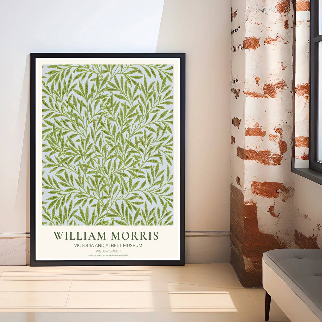 Classic 1887 British Arts and Crafts botanical print featuring William Morris Willow Bough design from the Victoria and Albert Museum in London. Discover tailored framed, unframed, and canvas print options at MapYourDreams.