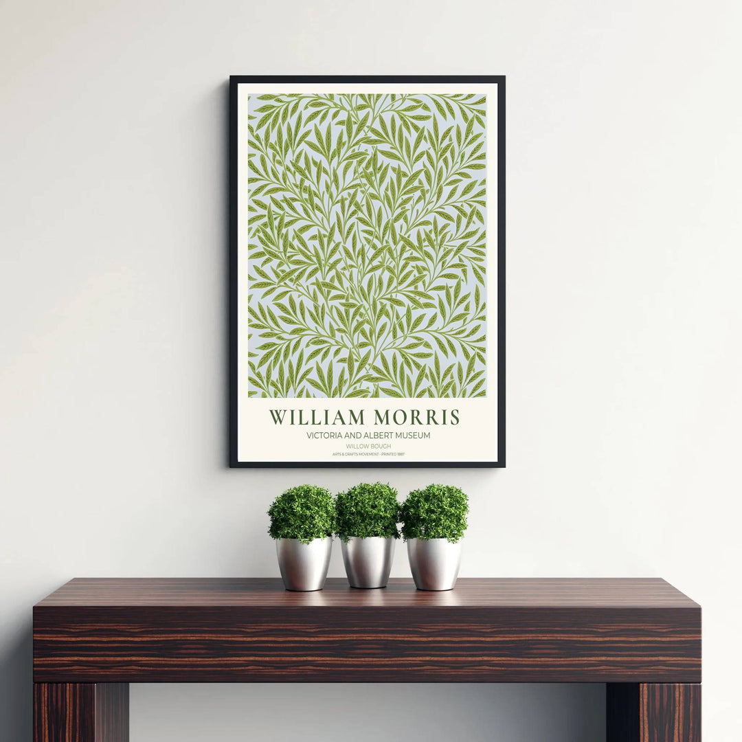 Sage green leaf pattern wall art in a William Morris Willow Bough exhibition print style from London’s Victoria and Albert Museum. MapYourDreams delivers archival framed, unframed fine art paper, and gallery canvas options.