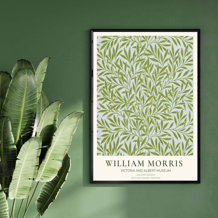 Beautiful botanical pattern print showcasing the William Morris Willow Bough foliage design, inspired by the Victoria and Albert Museum in London. Shop high-definition framed, unframed, and canvas art at MapYourDreams.