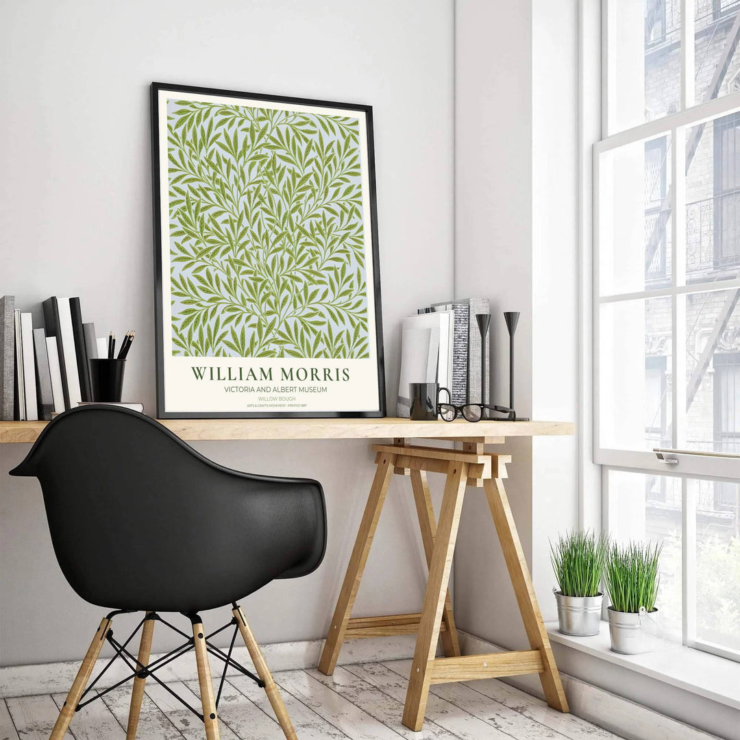 Victoria and Albert Museum William Morris Willow Bough poster showcasing classic green leaf wall art. MapYourDreams features high-quality framed, unframed, and stretched canvas print options for home decor.