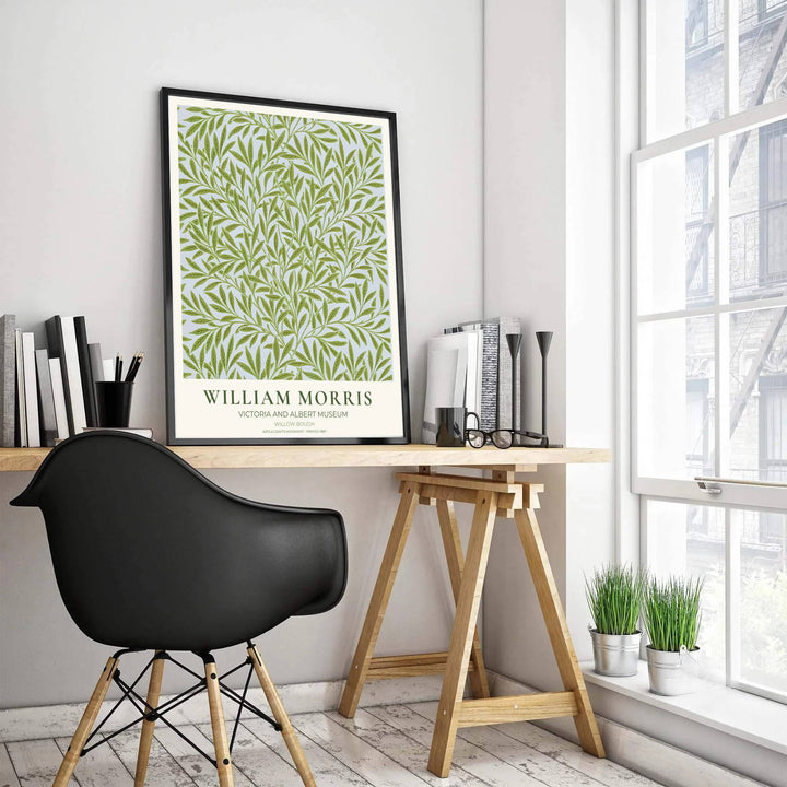 Victoria and Albert Museum William Morris Willow Bough poster showcasing classic green leaf wall art. MapYourDreams features high-quality framed, unframed, and stretched canvas print options for home decor.