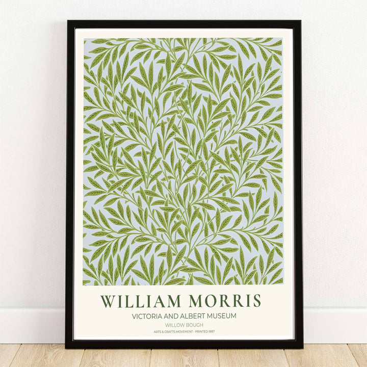 William Morris Willow Bough Exhibition Poster displaying green leaf botanical patterns inspired by the Victoria and Albert Museum in London. MapYourDreams provides custom framed, unframed, and canvas wall decor.