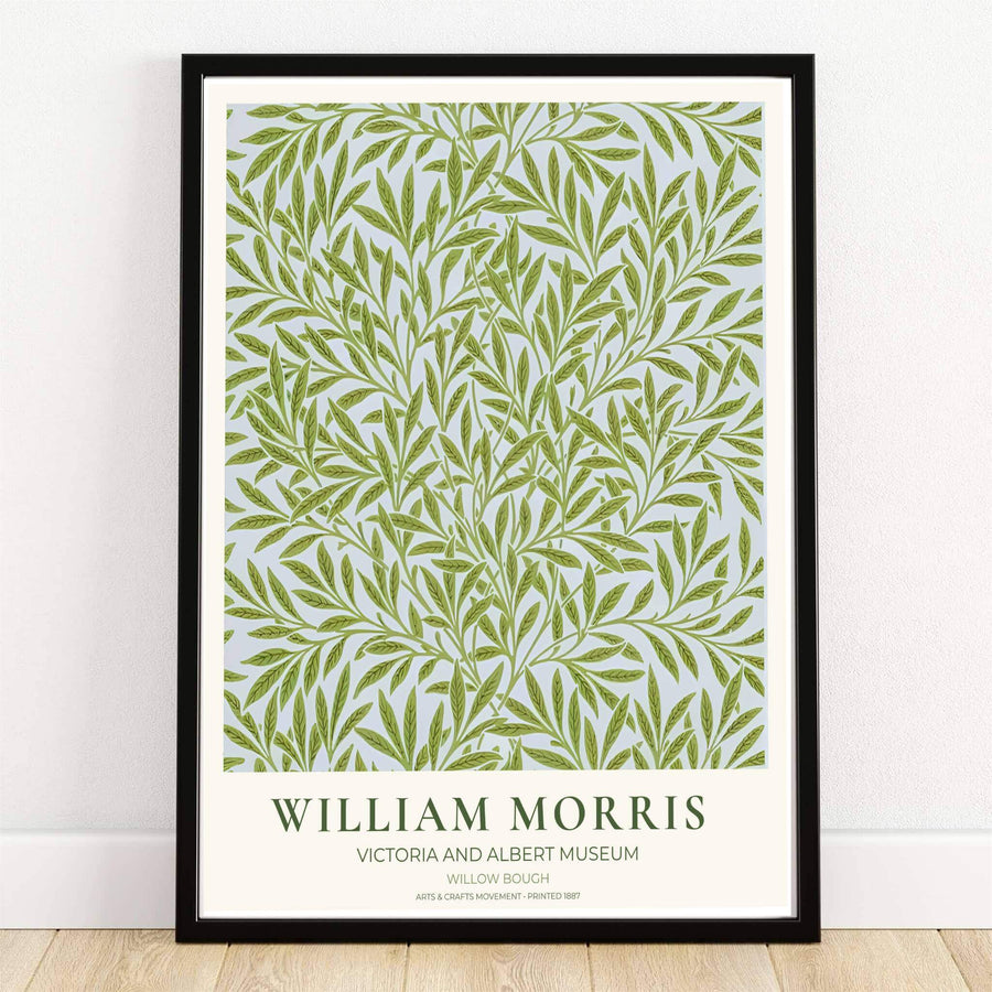 William Morris Willow Bough Exhibition Poster displaying green leaf botanical patterns inspired by the Victoria and Albert Museum in London. MapYourDreams provides custom framed, unframed, and canvas wall decor.