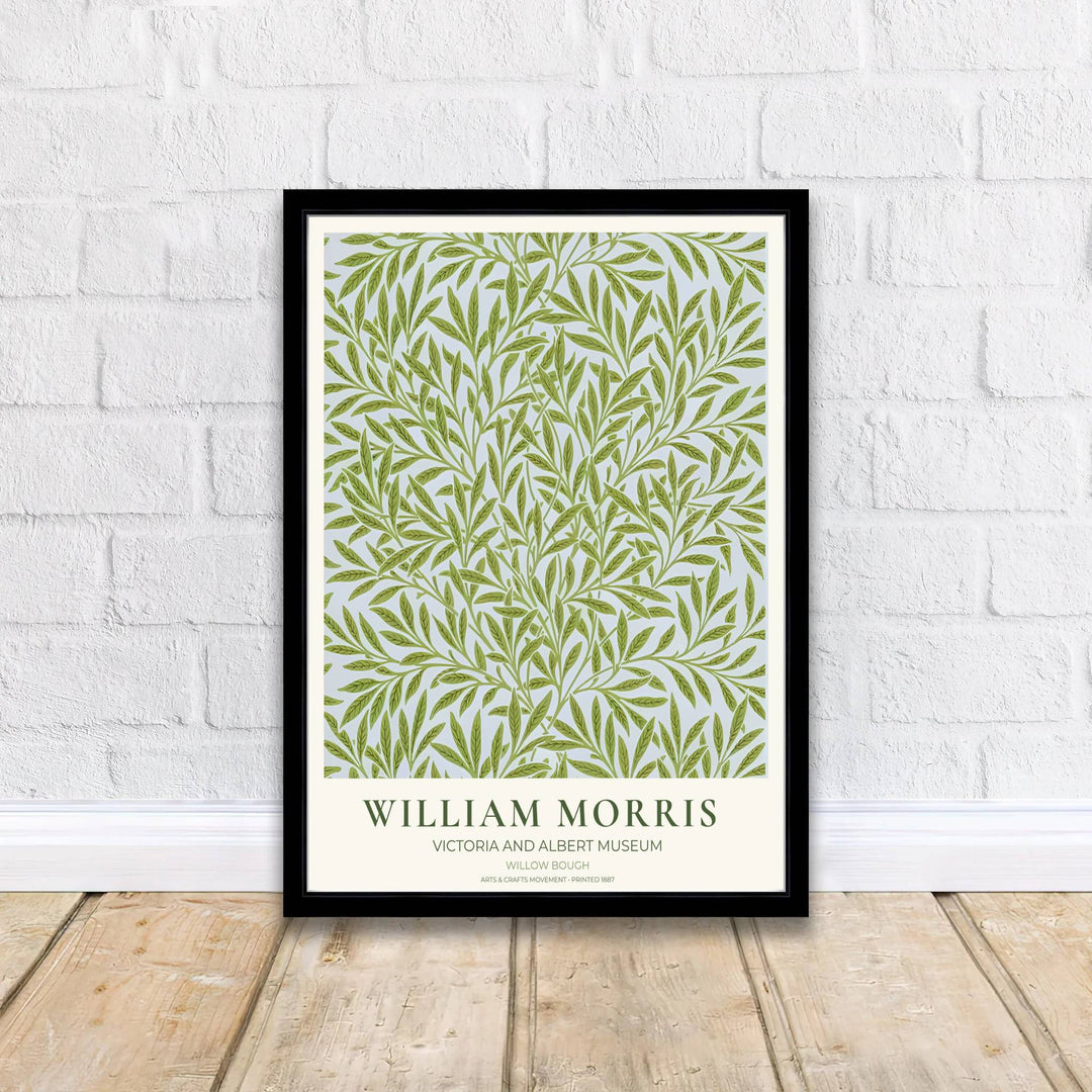 Elegant Victoria and Albert Museum in London exhibition poster of William Morris Willow Bough green leaf design. Order custom framed, unframed paper, or textured canvas print options from MapYourDreams.